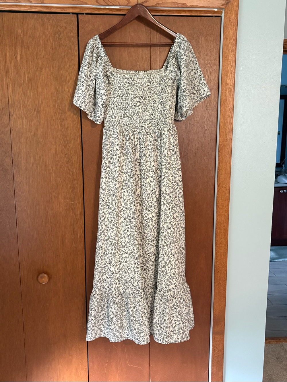 Smocked Square-Neck Maxi Dress in Cream with Black Floral